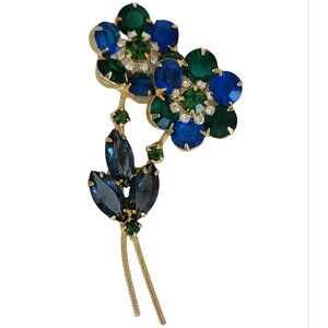 Vintage Gold Tone Blue Green Rhinestone Flower Pin Brooch M765
